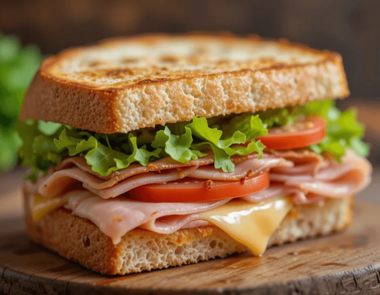 Ham Delights 9 Grilled Ham Delights Sandwich with melted cheese and fresh vegetables