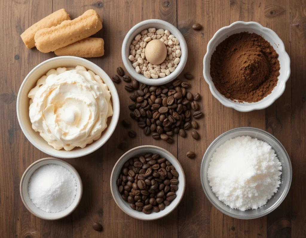 Tiramisu: Everything You Need to Know About the Classic Italian Dessert 6 Tiramisu ingredients laid out on a wooden counter including mascarpone cheese, ladyfingers, coffee beans, and cocoa powder.