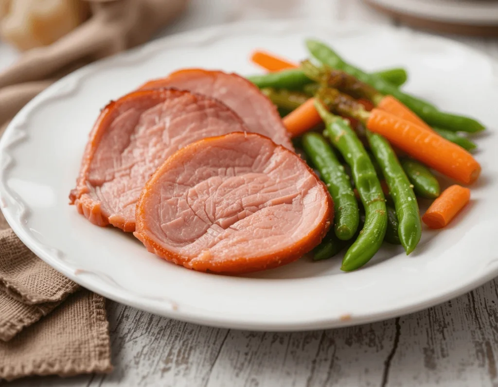 Ham Delights 7 Nutritional Ham Delights with vegetables and a side of mashed potatoes