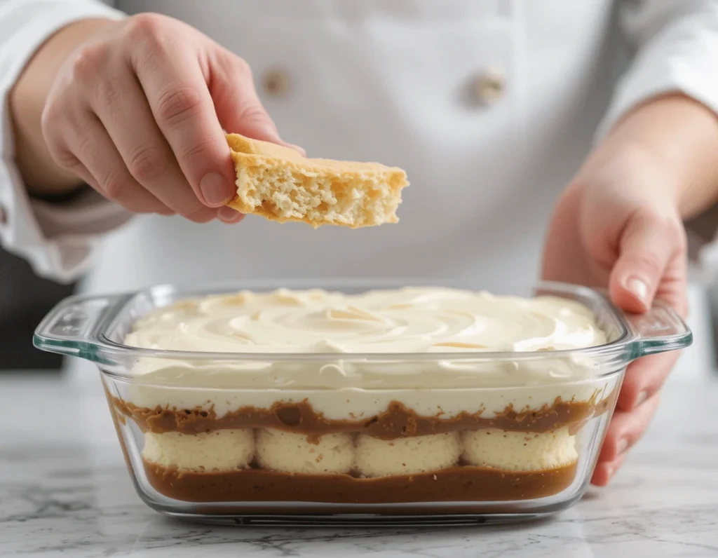 Tiramisu: Everything You Need to Know About the Classic Italian Dessert 7 Chef's hands layering coffee-soaked ladyfingers and mascarpone cream in a glass dish to make tiramisu.
