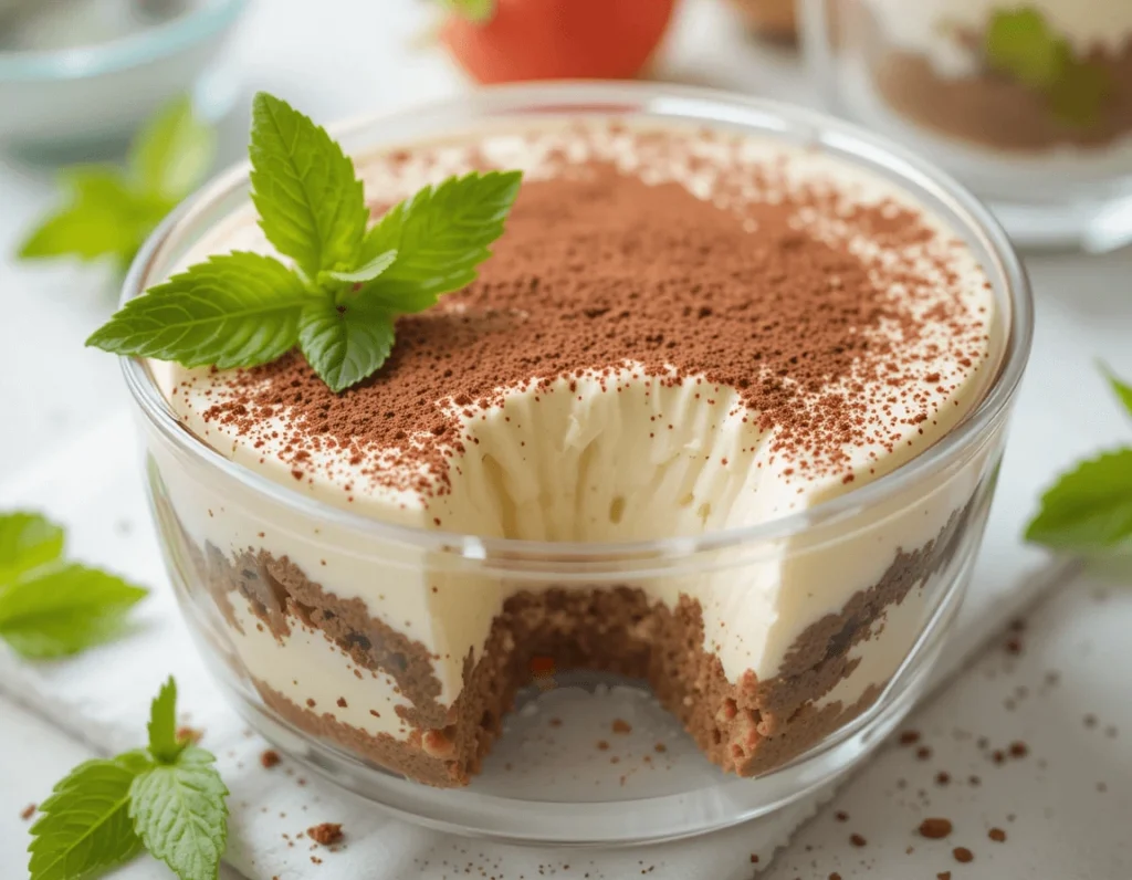 Tiramisu: Everything You Need to Know About the Classic Italian Dessert 8 Vegan tiramisu made with plant-based mascarpone served in a glass dish with fresh mint leaves.