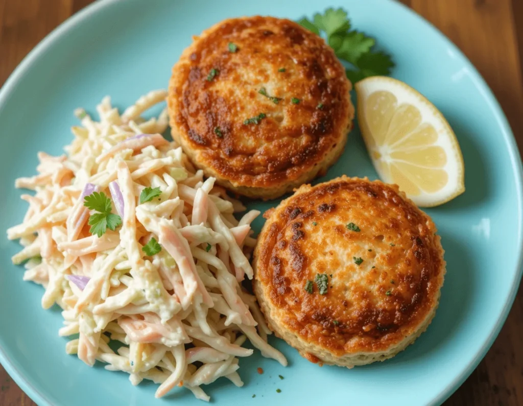 Crab Cakes: The Ultimate Guide to Perfect Crab Cake Recipes and Cooking Tips 8 Crab cakes served with creamy coleslaw and fresh garnish