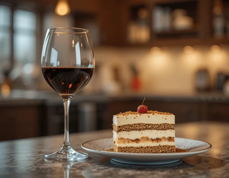 Tiramisu: Everything You Need to Know About the Classic Italian Dessert 9 Glass of wine paired with a slice of tiramisu on a plate in a cozy kitchen setting.