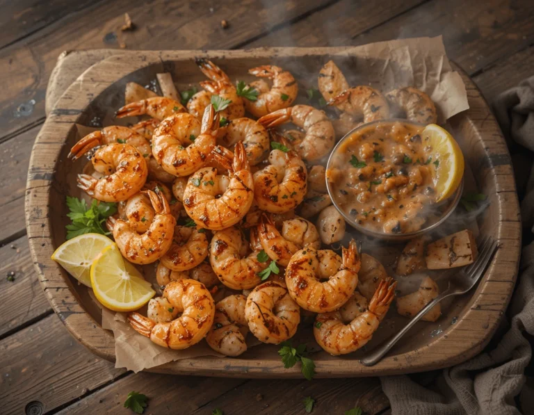 The Ultimate Guide to Grilled Shrimp Skewers: A Perfect Recipe for Any Occasion 9 Grilled shrimp skewers served on a wooden platter with lemon and dipping sauce