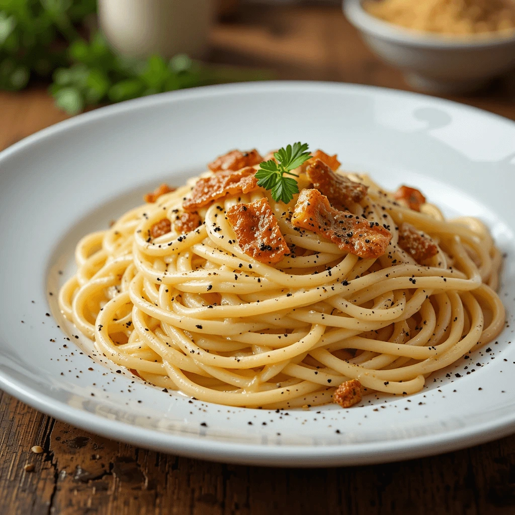Delicious close-up of Spaghetti Carbonara with creamy sauce, crispy guanciale, and freshly cracked black pepper.