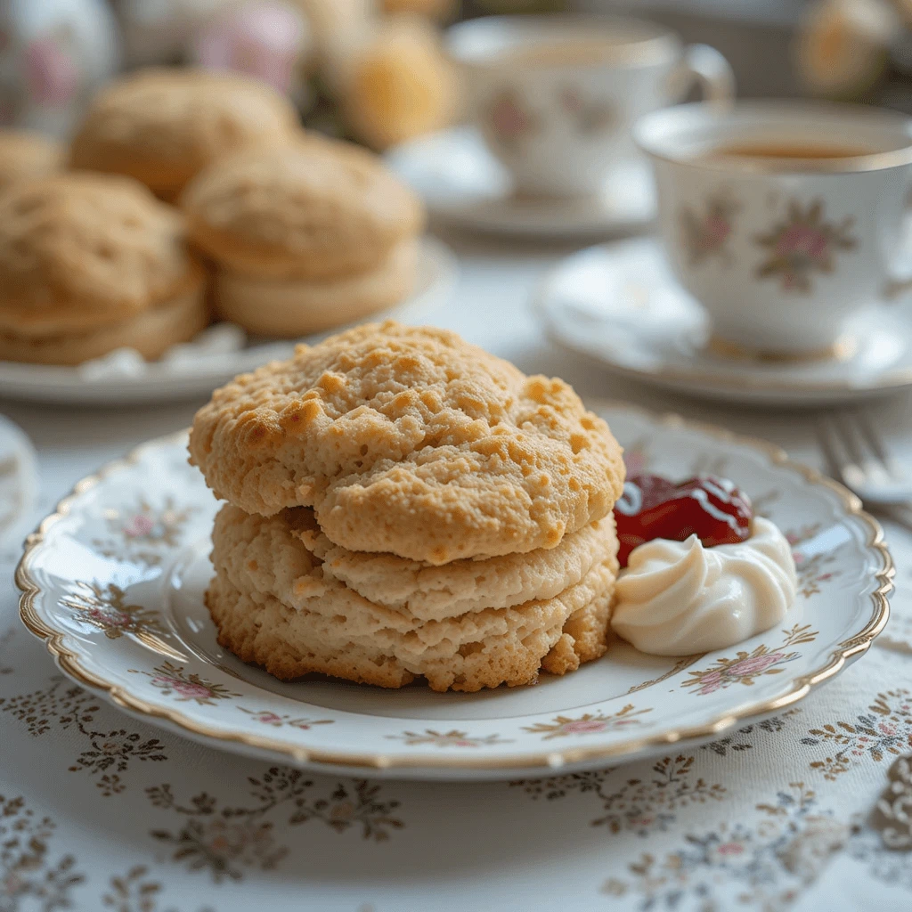 Freshly baked afternoon tea scones with clotted cream and strawberry jam on a vintage plate