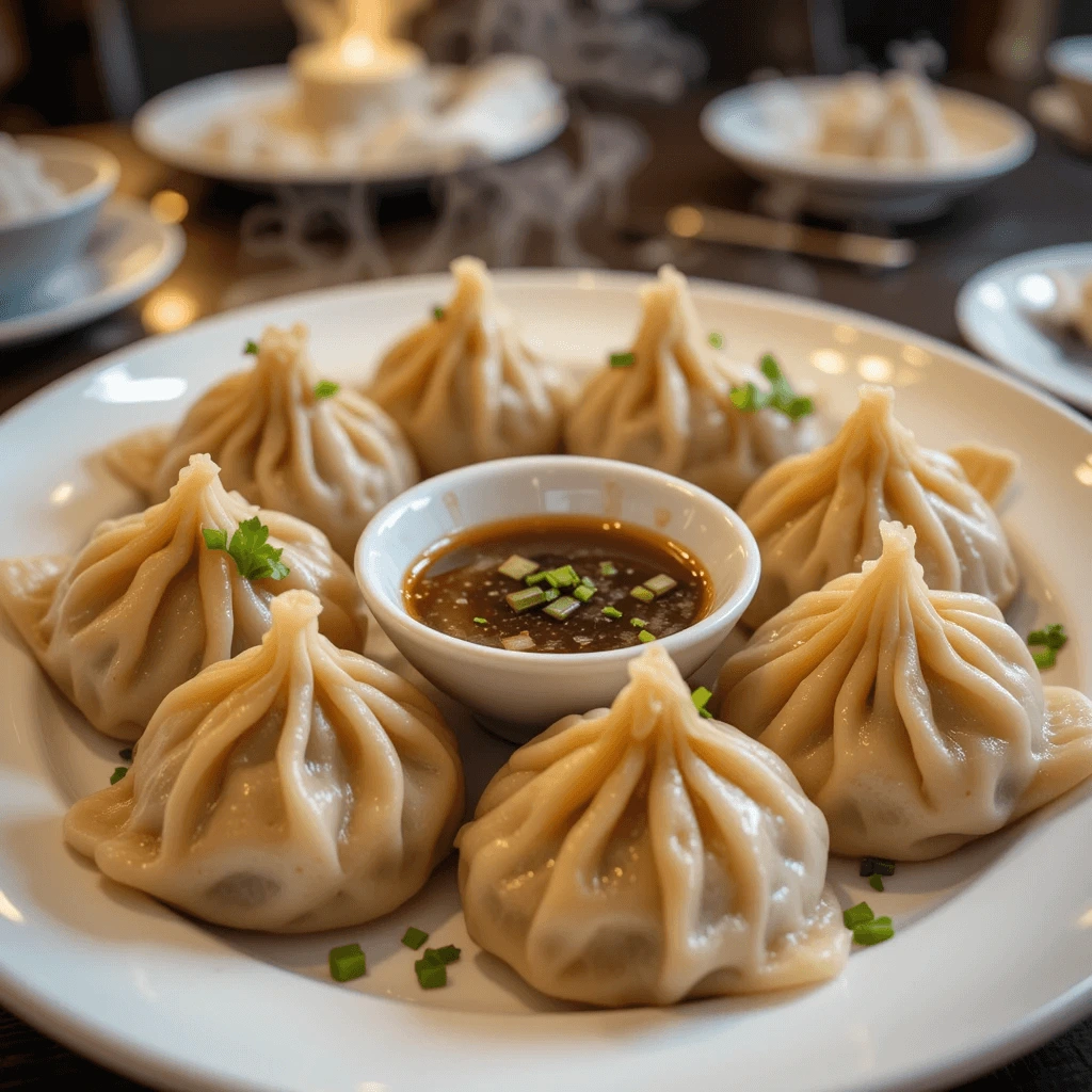 Pork Dumplings (Jiaozi) served with dipping sauce on a wooden plate
