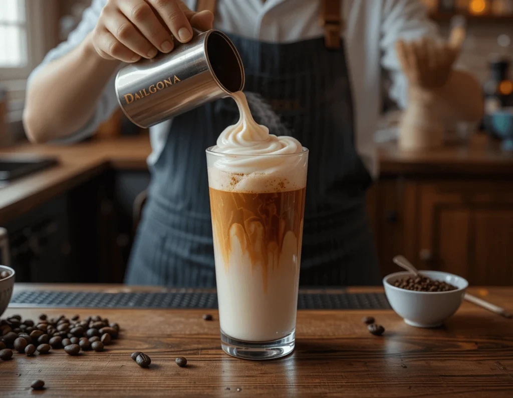 Dalgona Iced Coffee (Whipped Coffee): A Complete Guide 7 Barista preparing Dalgona Iced Coffee by hand with whipped coffee and ice milk
