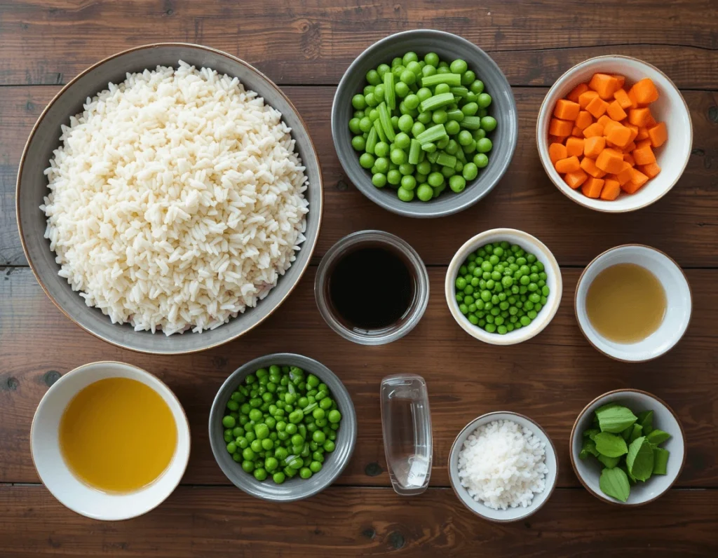 Egg Fried Rice: The Ultimate Guide to Perfecting This Delicious Dish 8 Fresh ingredients for egg fried rice including day-old rice, eggs, green onions, carrots, peas, soy sauce, and oil arranged on a wooden countertop.
