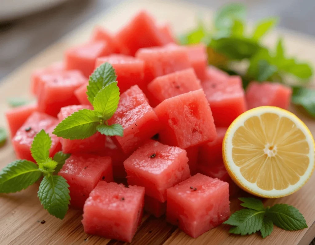 Watermelon Mint Lemonade - The Ultimate Summer Refreshment Recipe 7 Fresh watermelon cubes, mint leaves, and lemon slices on a wooden cutting board, showcasing the ingredients for watermelon mint lemonade.