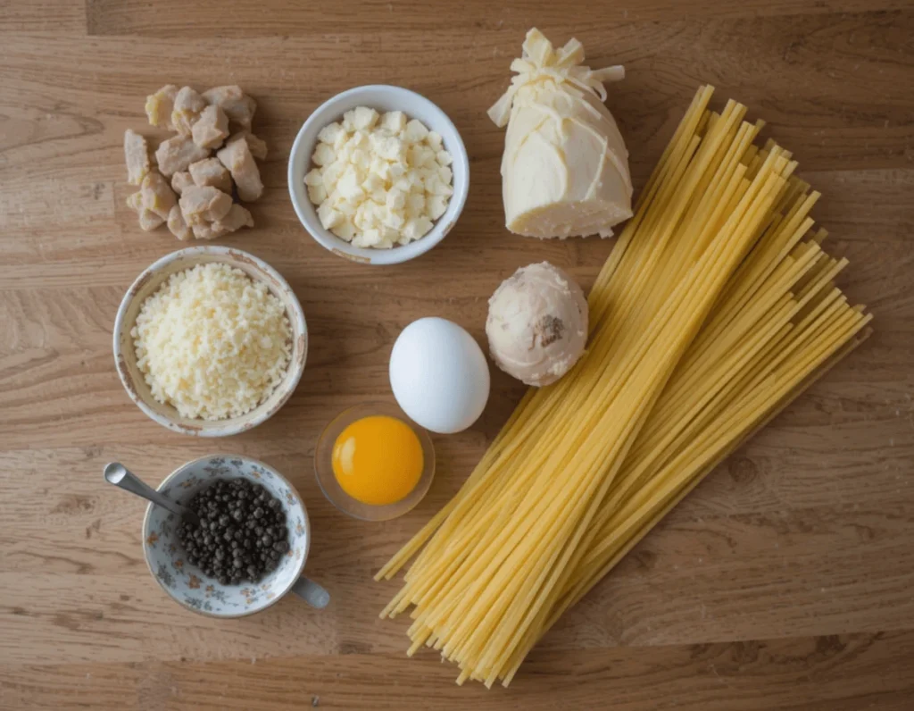 The Ultimate Guide to Spaghetti Carbonara: Ingredients, Recipe, and Secrets to Perfection 7 Key ingredients for Spaghetti Carbonara: guanciale, Pecorino Romano cheese, eggs, and spaghetti.