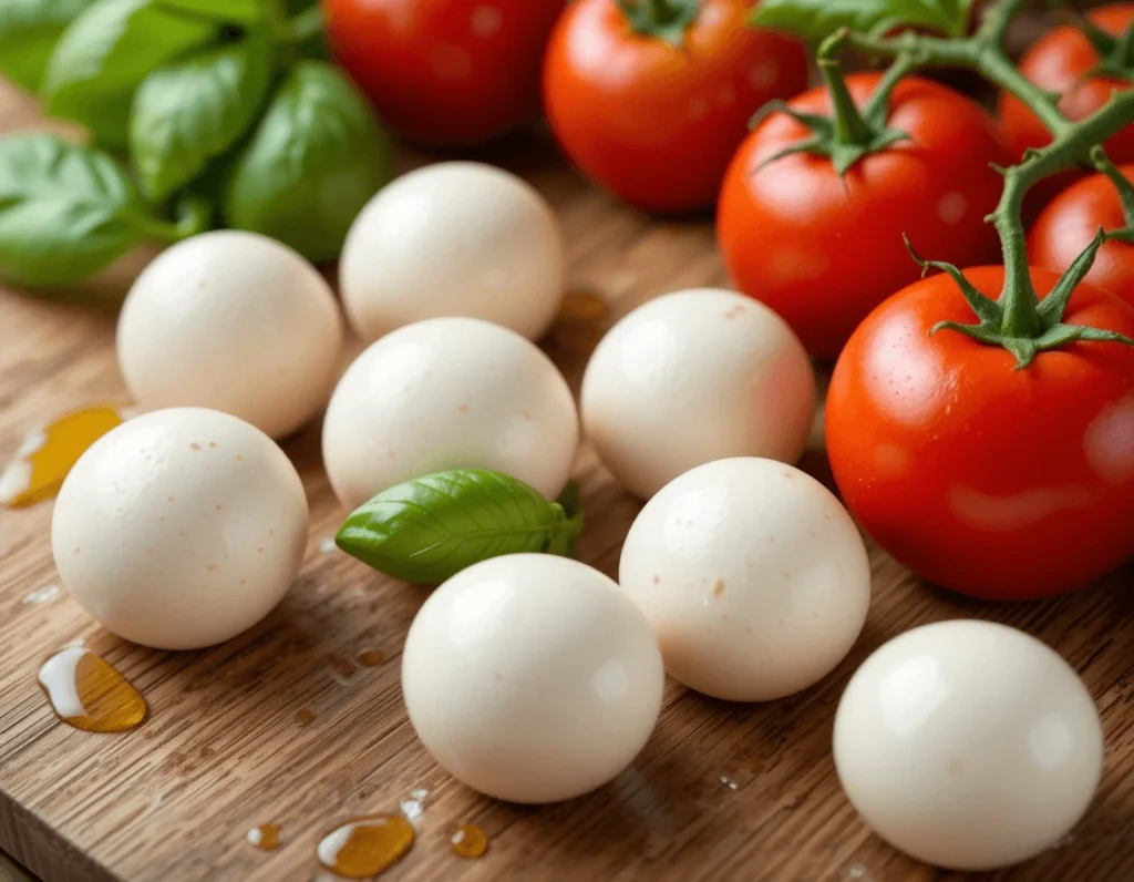 Discovering Margherita Pizza: A Timeless Classic 7 Fresh ingredients for Margherita pizza: tomatoes, mozzarella, basil, and olive oil on a wooden countertop.