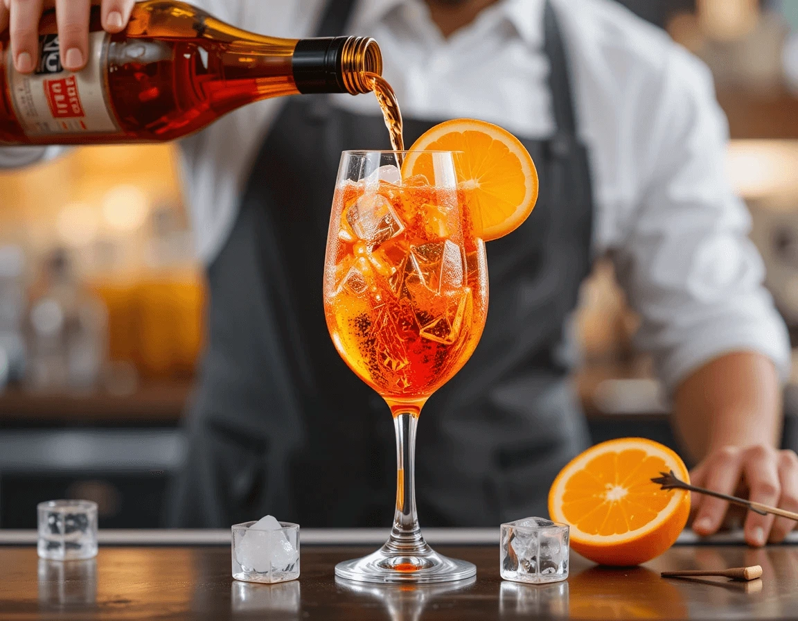 "how-to-make-aperol-spritz-italian.jpg" "Close-up of an Aperol Spritz being prepared, with Aperol being poured into a wine glass, followed by Prosecco, soda water, and fresh orange slice garnish."