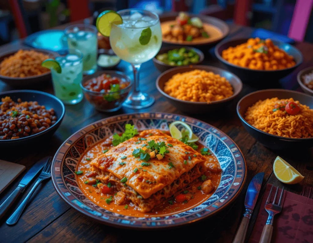 Mexican Lasagna Recipe: The Ultimate Guide to Making a Delicious, Flavorful Twist on the Classic Dish 9 Mexican lasagna served with refried beans, Mexican rice, guacamole, and margarita on a dinner table.