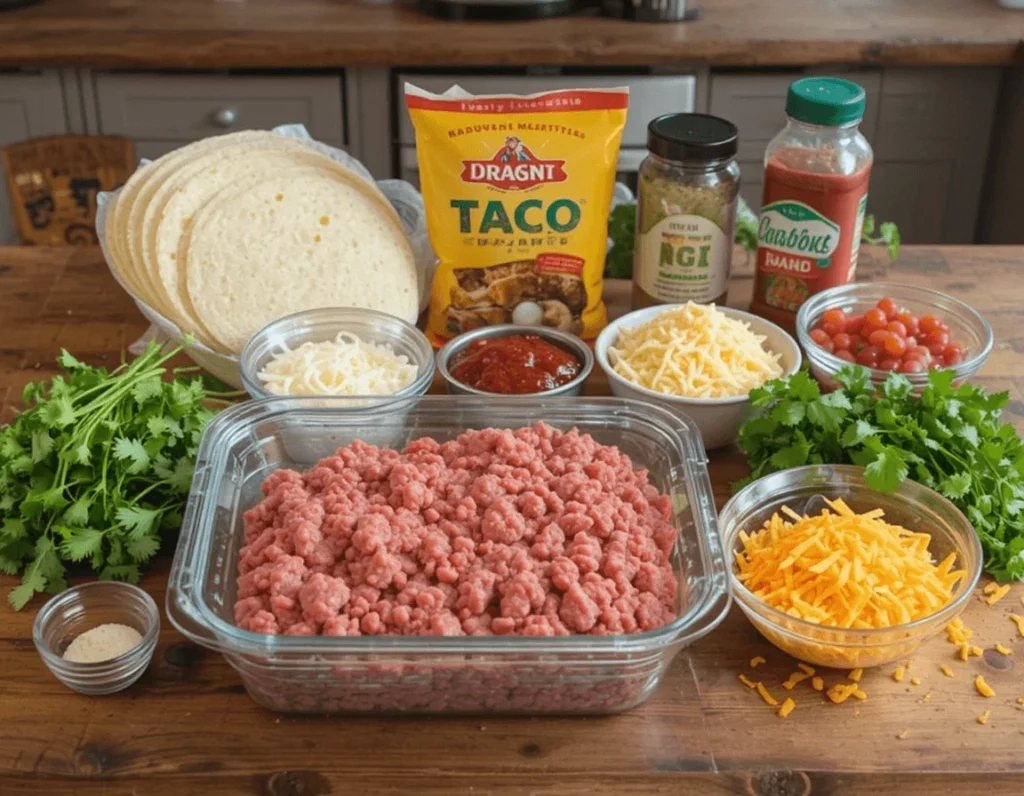 Taco Lasagna Recipe: A Delicious Fusion of Two Favorites 7 Fresh ingredients for Taco Lasagna, including ground beef, tortillas, shredded cheese, salsa, and taco seasoning, displayed on a wooden countertop.
