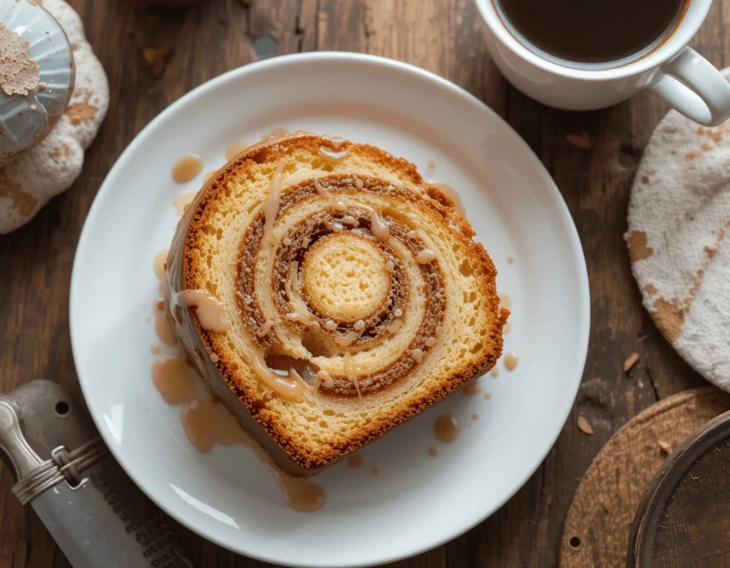 Honey Bun Cake – A Sweet and Simple Treat to Delight Your Taste Buds 7 A slice of Honey Bun Cake with cinnamon swirl and sweet glaze on a plate, accompanied by a cup of coffee.
