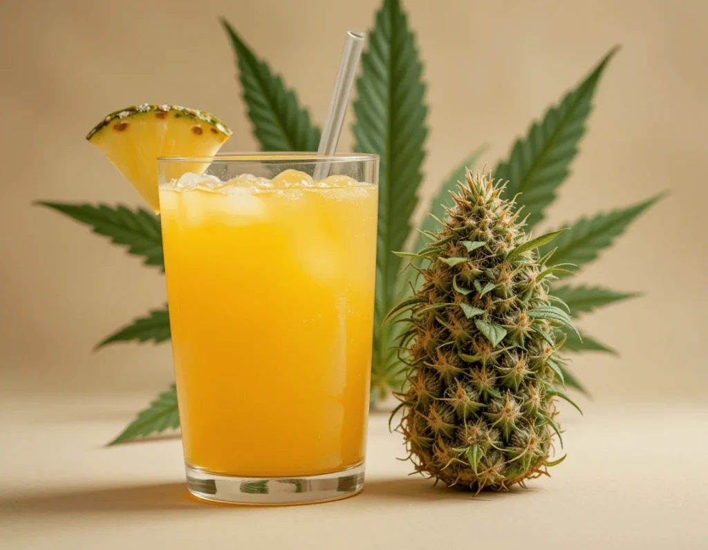 Pineapple Punch – A Sweet and Refreshing Drink for Every Occasion 7 A Pineapple Punch drink next to a cannabis leaf, highlighting the distinction between the drink and cannabis strains.