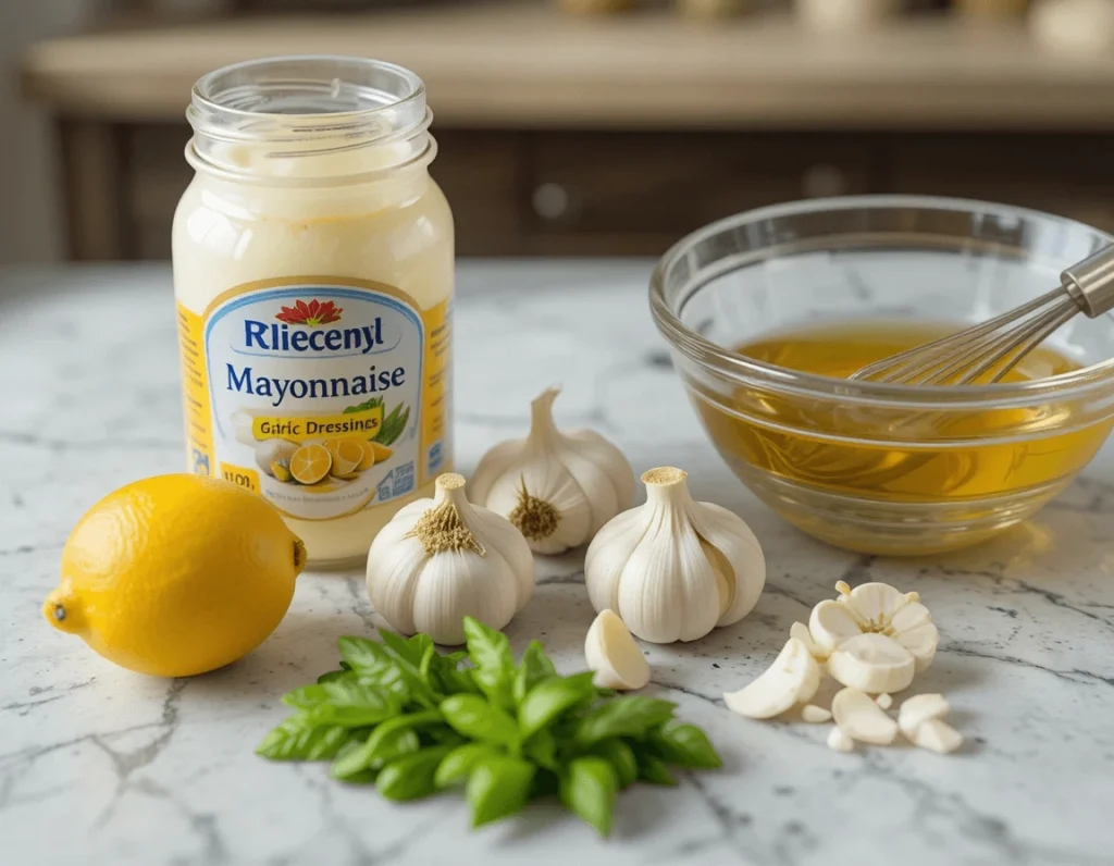 Creamy Garlic Salad Dressing: The Ultimate Guide to Making a Perfectly Delicious Dressing for Every Salad 7 Ingredients for creamy garlic salad dressing laid out on a kitchen counter, including garlic, lemon, olive oil, and mayonnaise.