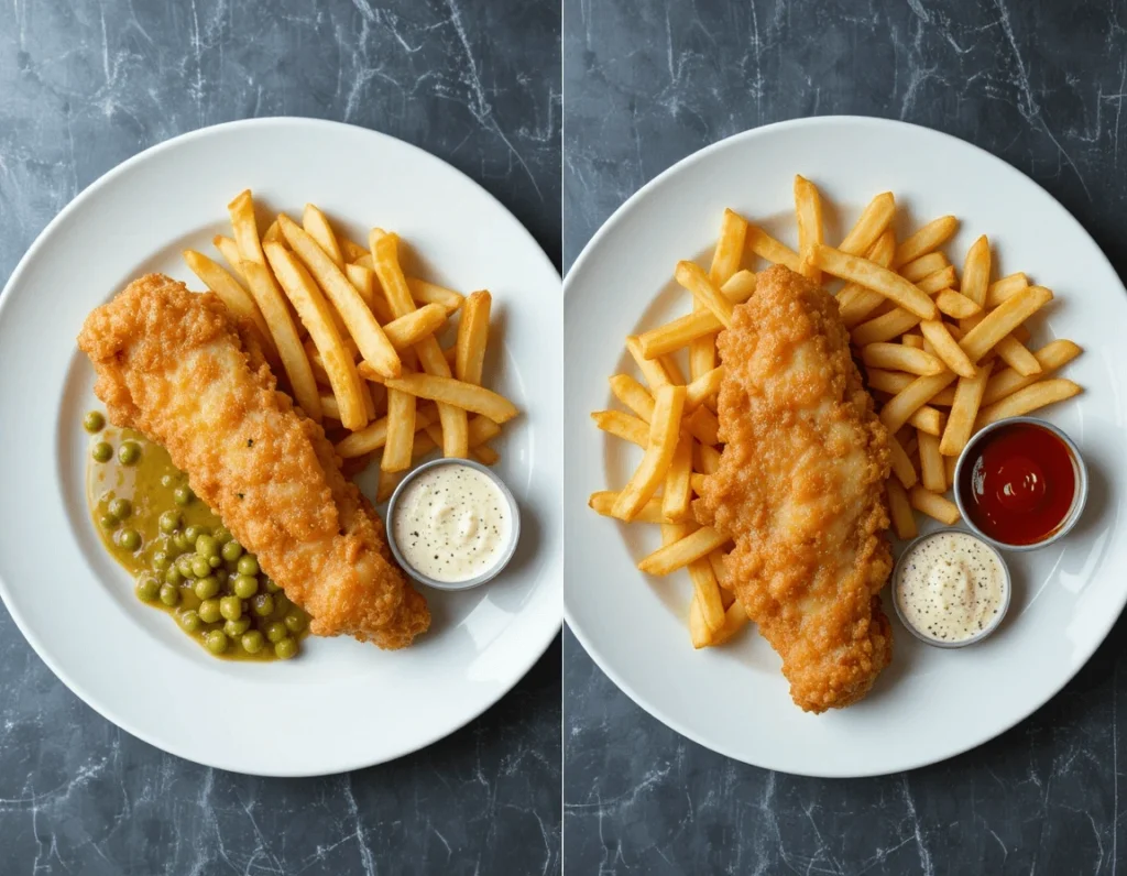 Fish & Chips: The Classic Dish with Global Variations 7 Side-by-side comparison of British and American Fish & Chips with malt vinegar, mushy peas, fries, and ketchup.