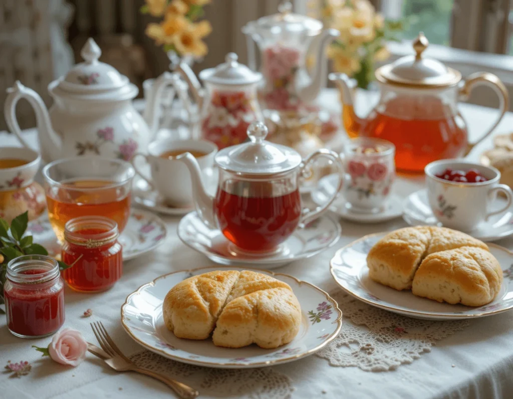 Afternoon Tea Scones: The Ultimate Guide to Making, Serving, and Enjoying Them 7 Tea setup with freshly baked scones and various jams on a tea table