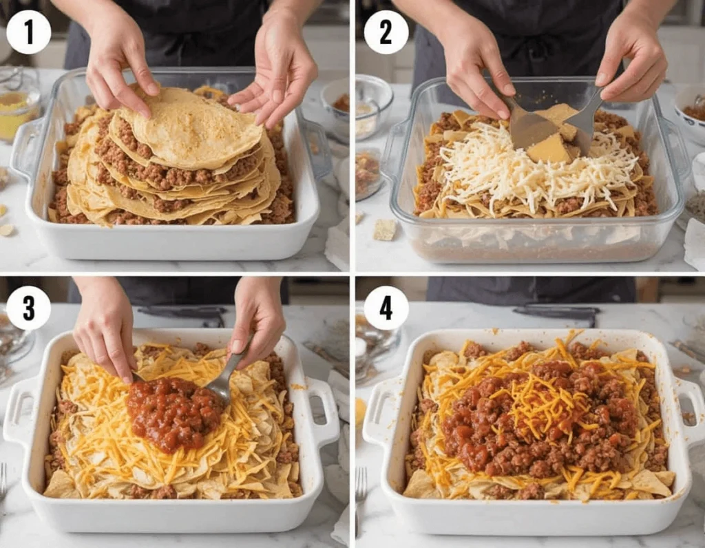 Taco Lasagna Recipe: A Delicious Fusion of Two Favorites 8 Hands layering tortillas, seasoned ground beef, and cheese in a baking dish to create Taco Lasagna, set in a professional kitchen.