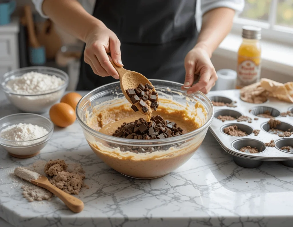 Banana Chocolate Chunk Muffins: The Ultimate Recipe for a Delicious Treat 6 A person folding chocolate chunks into muffin batter, with ingredients and a muffin tin on the counter.