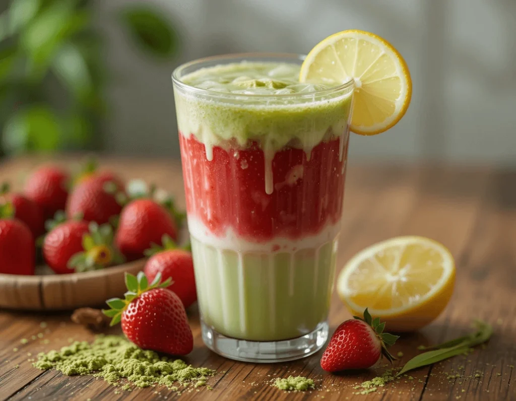 The Ultimate Guide to Strawberry Matcha Latte (Iced) 7 Strawberry Matcha Latte (Iced) in a glass with vibrant green matcha and strawberry puree, garnished with fresh strawberries and matcha powder.