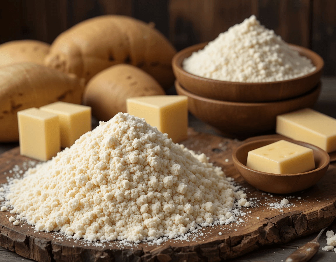 brazilian-mounjaro-ingredients.jpg Key ingredients for Brazilian Mounjaro: cassava flour, butter, and cheese, arranged on a rustic kitchen countertop.