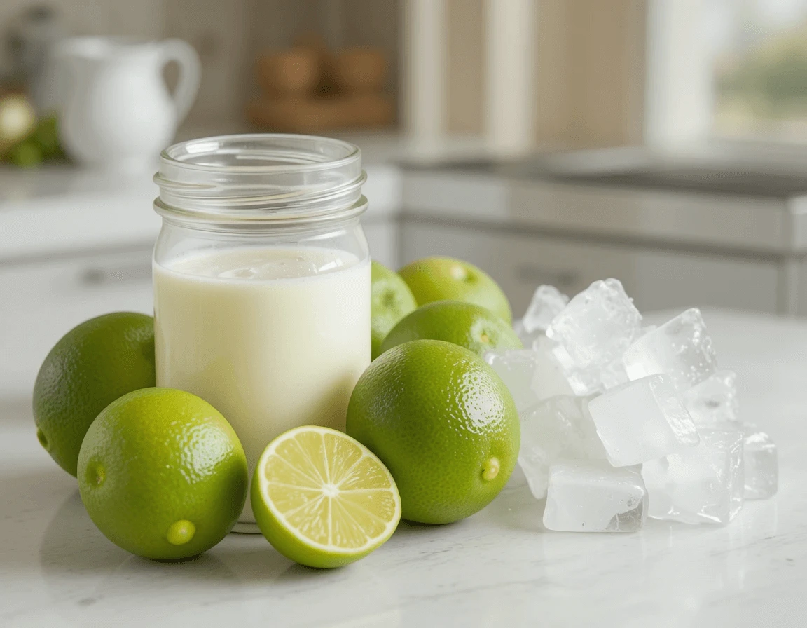 ingredients-for-brazilian-mounjaro-limes-condensed-milk-ice.jpg Ingredients for Brazilian Mounjaro - limes, sweetened condensed milk, and ice cubes.