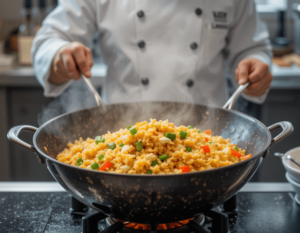 Egg Fried Rice: The Ultimate Guide to Perfecting This Delicious Dish 9 Professional chef stir-frying egg fried rice in a wok with eggs, vegetables, and rice in a modern kitchen.