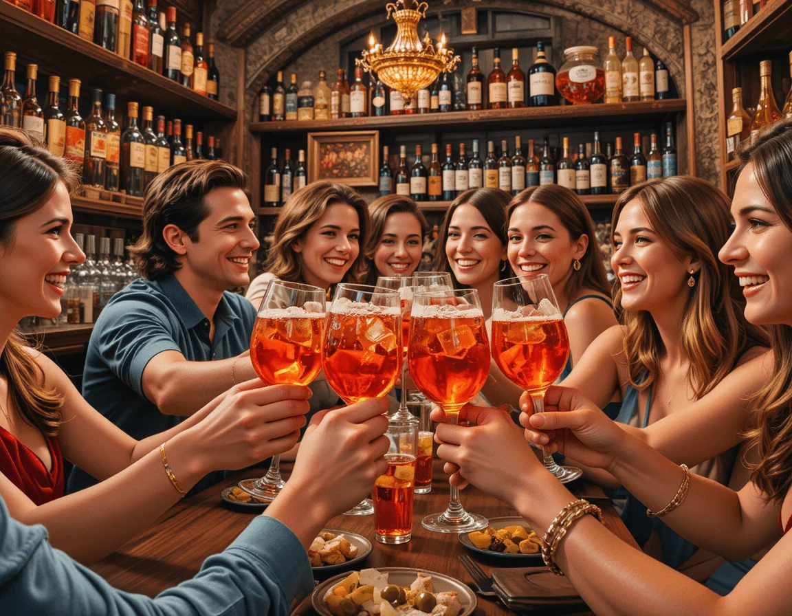 "friends-toasting-aperol-spritz-italy.jpg" "Group of friends toasting with Aperol Spritz cocktails in an Italian bar during aperitivo hour."