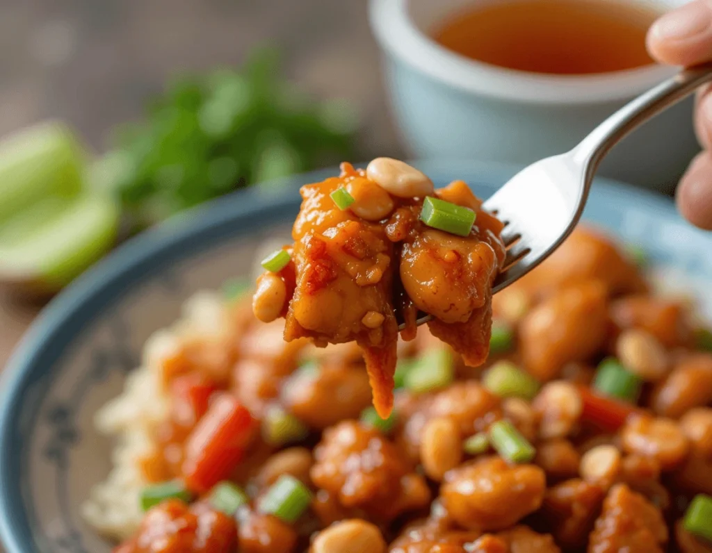 The Ultimate Guide to Kung Pao Chicken: A Flavorful Chinese Delight 9 Kung Pao sauce being poured over chicken, with soy sauce, vinegar, and chili paste ingredients visible in the background.