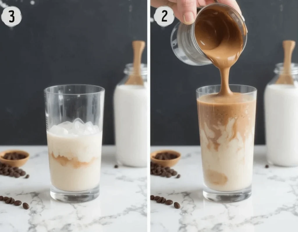 Dalgona Iced Coffee (Whipped Coffee): A Complete Guide 8 Step-by-step process of making Dalgona Iced Coffee with ice, milk, and whipped coffee