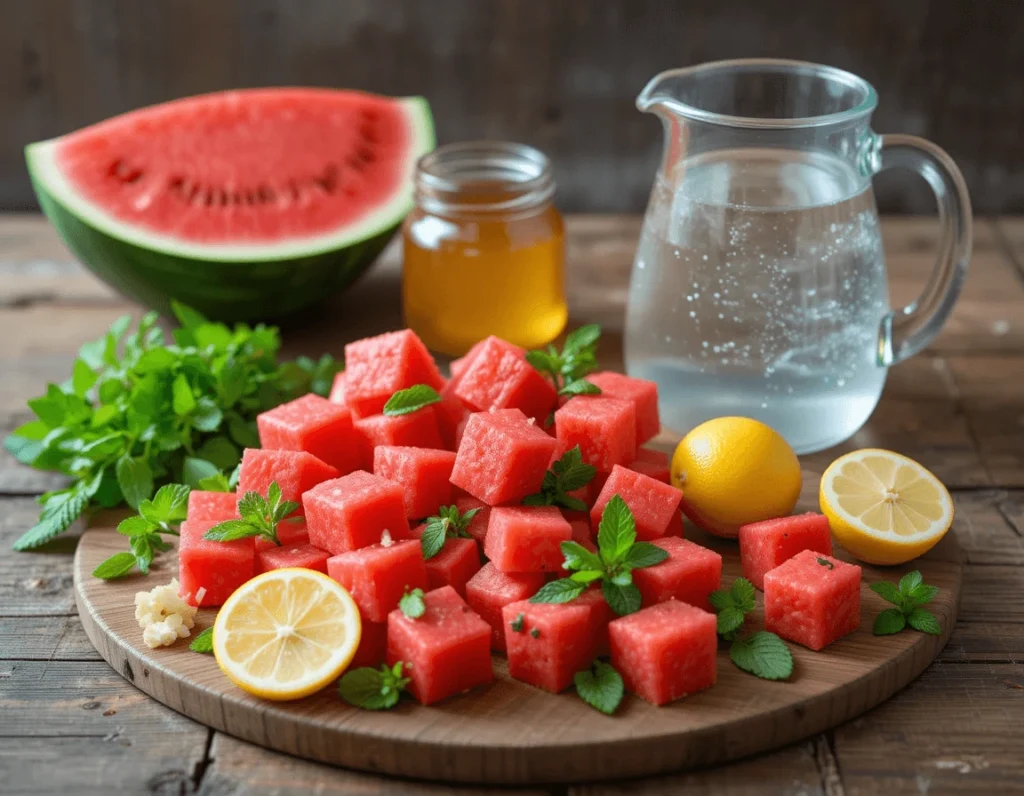 Watermelon Mint Lemonade - The Ultimate Summer Refreshment Recipe 8 Display of watermelon cubes, fresh mint, lemon slices, honey, and sparkling water arranged on a wooden table, ready to make watermelon mint lemonade.