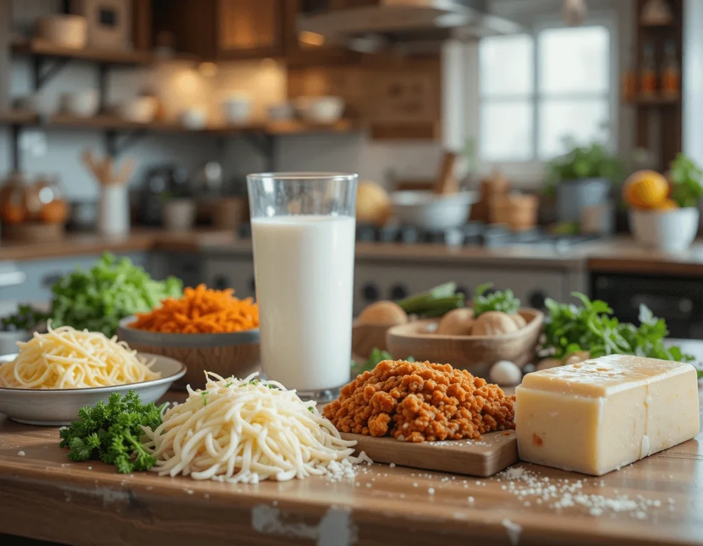 Mexican Lasagna Recipe: The Ultimate Guide to Making a Delicious, Flavorful Twist on the Classic Dish 10 Ingredients for Mexican lasagna on a kitchen counter with a glass of milk, taco-seasoned meat, and fresh cheeses.
