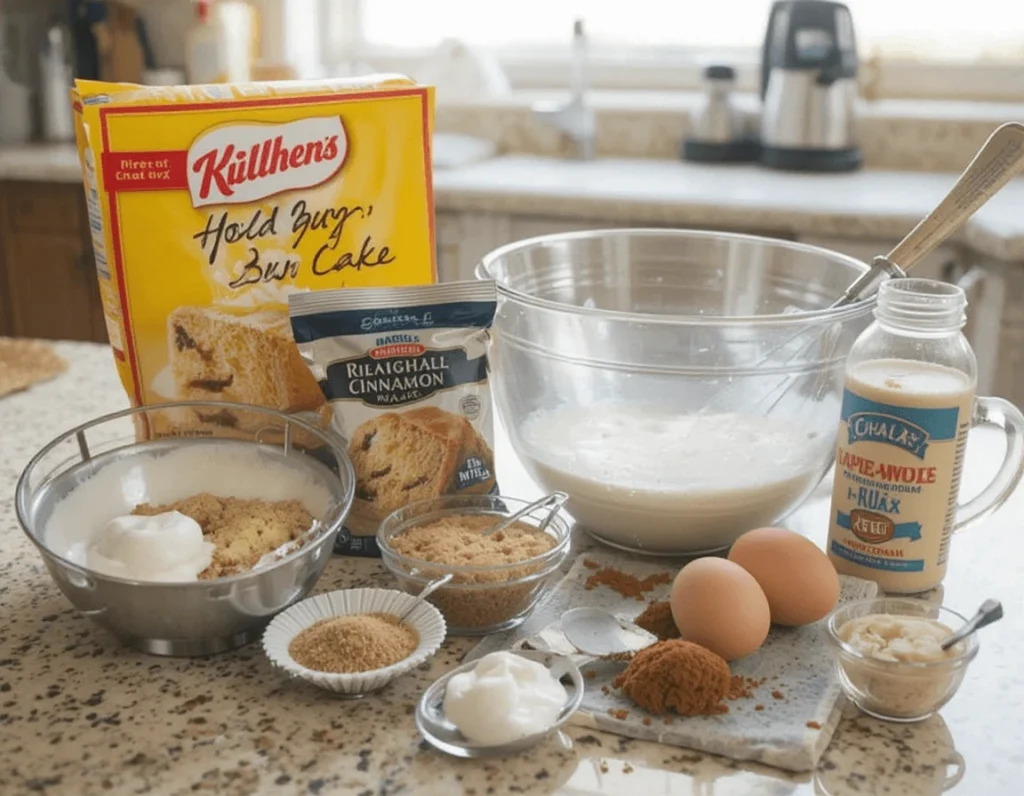 Honey Bun Cake – A Sweet and Simple Treat to Delight Your Taste Buds 8 Ingredients for Honey Bun Cake, including cake mix, cinnamon, eggs, and sour cream, arranged on a kitchen countertop.