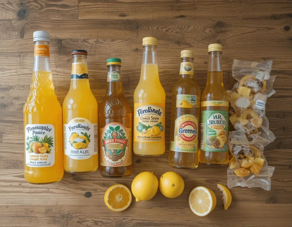 Pineapple Punch – A Sweet and Refreshing Drink for Every Occasion 8 Ingredients for Pineapple Punch laid out on a wooden countertop, including pineapple juice, orange juice, lemon juice, and fresh fruits."