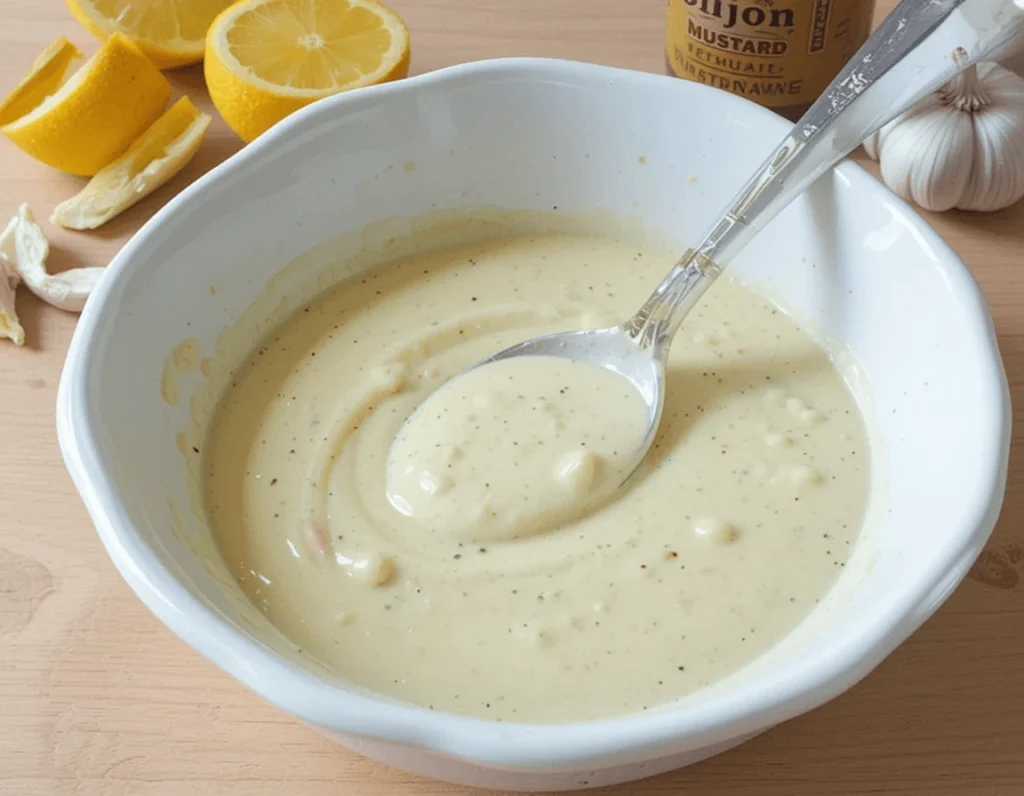 Creamy Garlic Salad Dressing: The Ultimate Guide to Making a Perfectly Delicious Dressing for Every Salad 8 Finished garlic mayo salad dressing in a bowl with fresh garlic and lemon slices in the background.