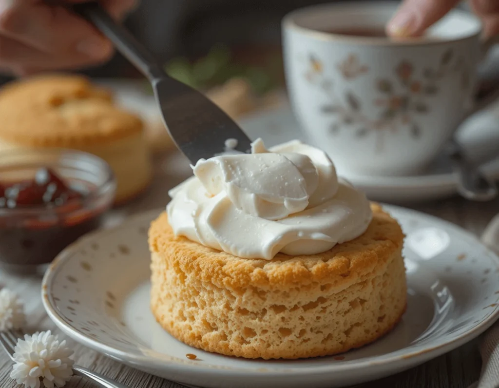 Afternoon Tea Scones: The Ultimate Guide to Making, Serving, and Enjoying Them 8 Spreading clotted cream on a warm, freshly baked scone with jam on the side