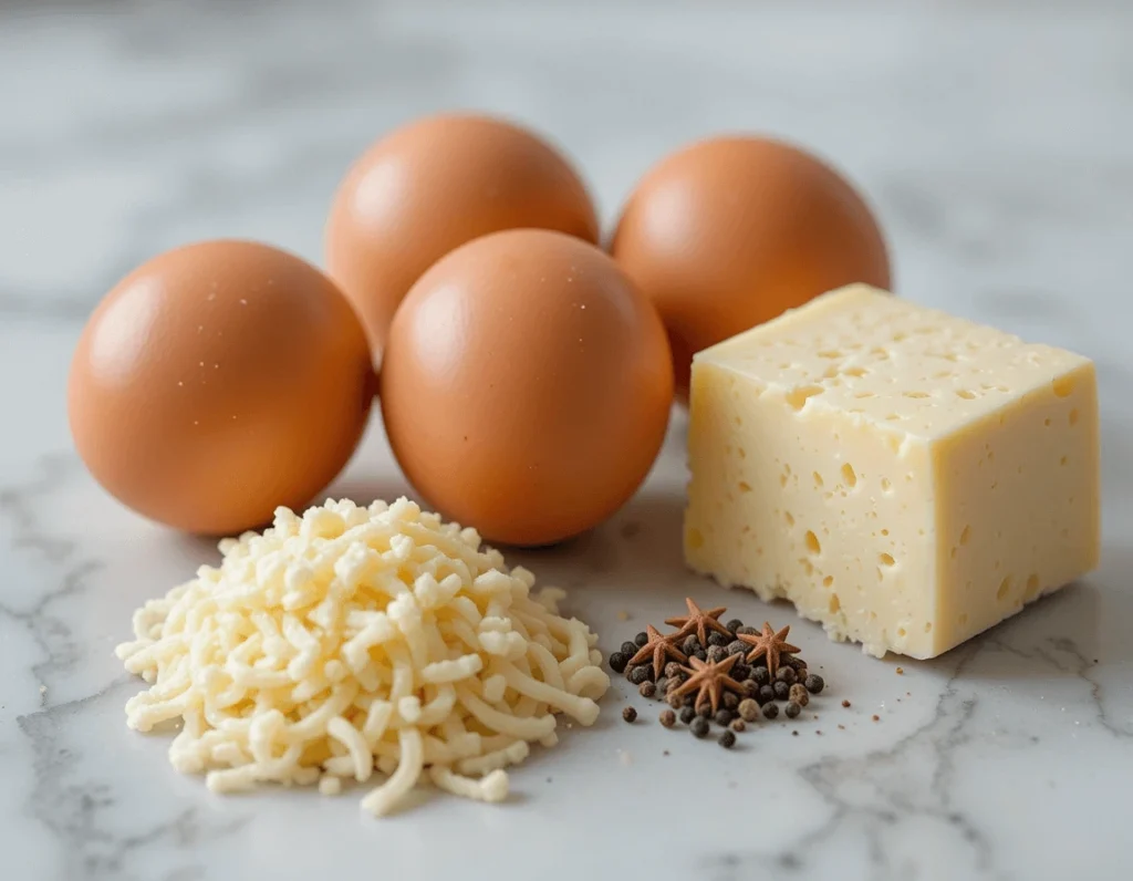 The Ultimate Guide to Spaghetti Carbonara: Ingredients, Recipe, and Secrets to Perfection 8 The four main ingredients for Spaghetti Carbonara: guanciale, eggs, Pecorino Romano, and black pepper.