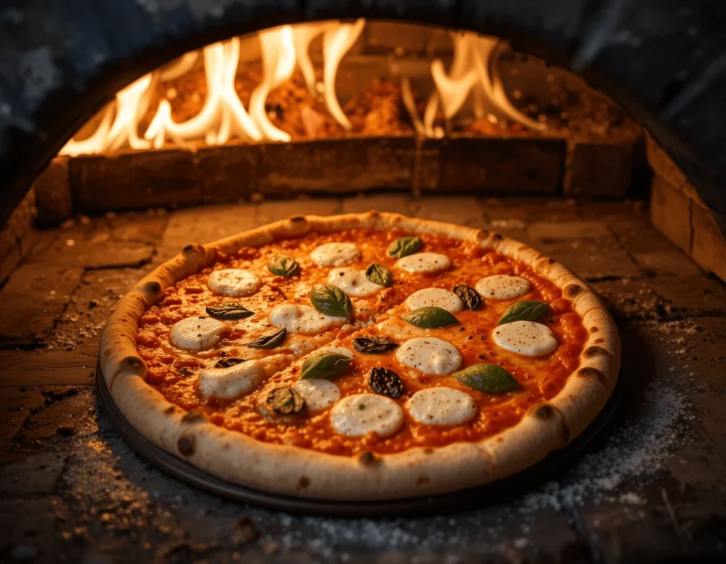 Discovering Margherita Pizza: A Timeless Classic 8 Margherita pizza baking in a traditional wood-fired oven, with bubbling mozzarella and rising dough.
