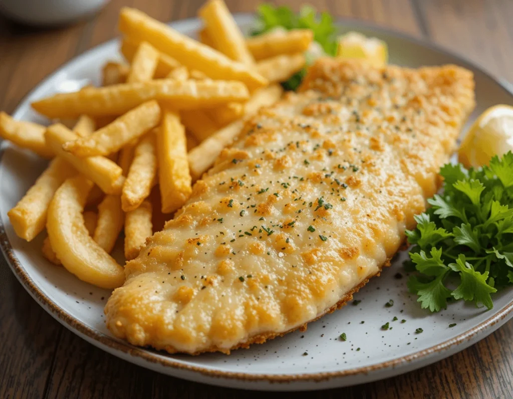 Fish & Chips: The Classic Dish with Global Variations 8 "Healthier Fish & Chips with oven-baked fish fillets, air-fried fries, and a side of fresh vegetables."