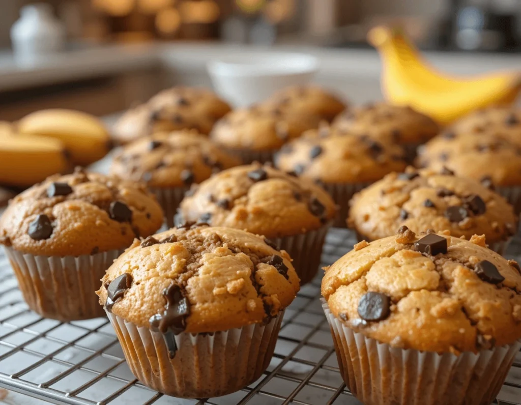 Banana Chocolate Chunk Muffins: The Ultimate Recipe for a Delicious Treat 7 Golden-brown banana chocolate chunk muffins cooling on a wire rack with a warm kitchen background.