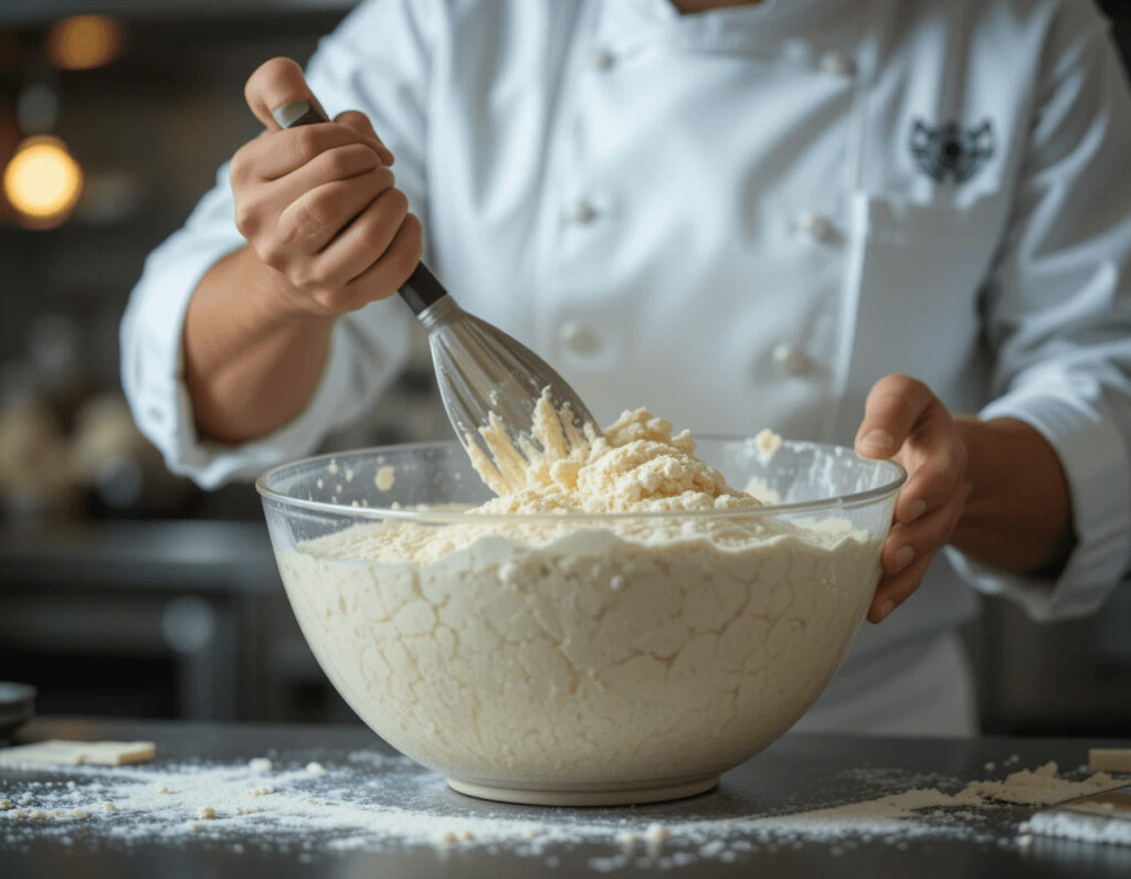 Ultimate Guide to the Brazilian Mounjaro Recipe with Just 3 Ingredients 5 Chef preparing Brazilian Mounjaro dough with cassava flour and butter in a rustic kitchen.