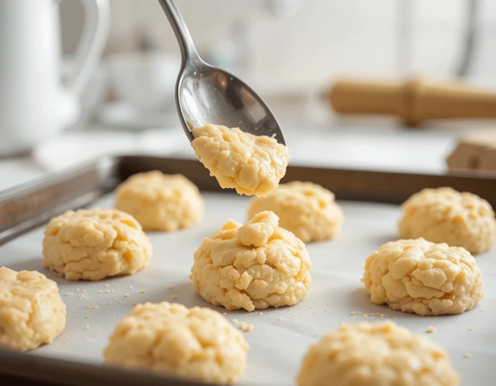 Buttermilk Drop Biscuits: The Perfect Light and Fluffy Biscuit Recipe 8 Spoon dropping biscuit dough onto a baking sheet for buttermilk drop biscuits.