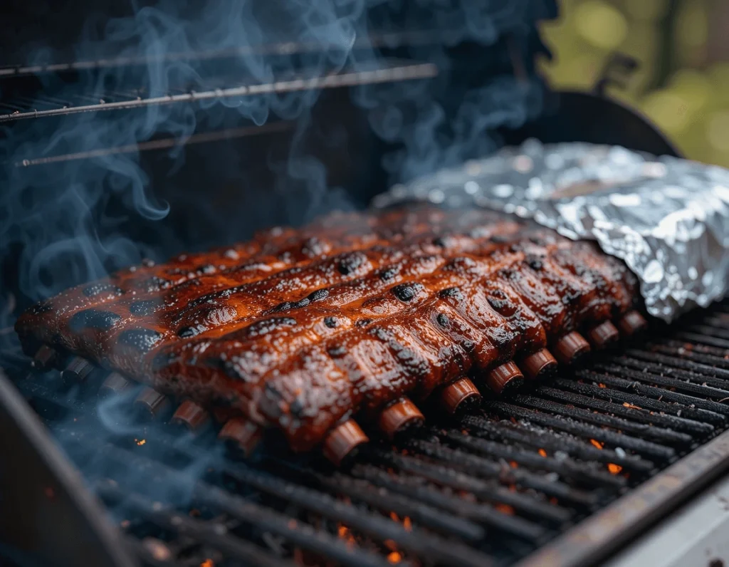 Barbecue Country Style Ribs: The Ultimate Guide to Delicious Grilling and Cooking Techniques 8 Barbecue grill with country style ribs cooking on indirect heat, wrapped in foil for slow cooking.