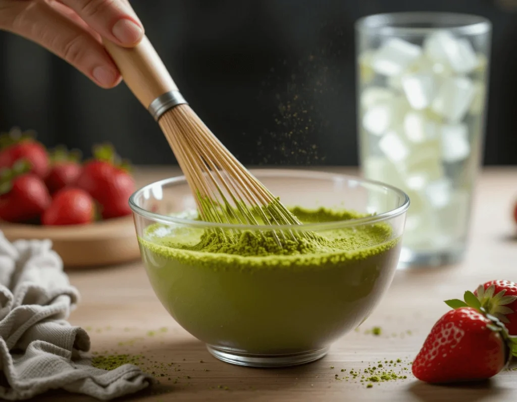 The Ultimate Guide to Strawberry Matcha Latte (Iced) 8 Person whisking matcha powder in a bowl while preparing a Strawberry Matcha Latte (Iced), with fresh strawberries and ice in the background."