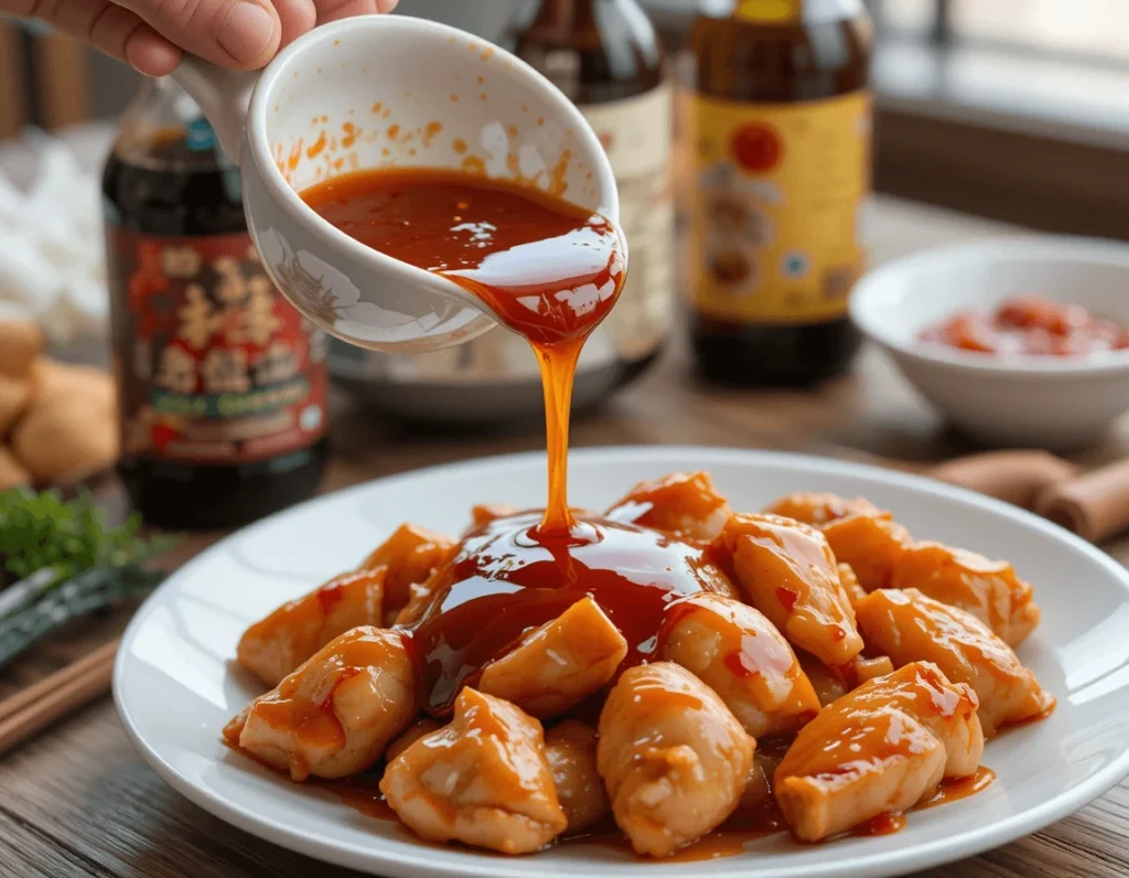 The Ultimate Guide to Kung Pao Chicken: A Flavorful Chinese Delight 8 Person enjoying a bite of Kung Pao Chicken with chicken, peanuts, and sauce visible on a fork.