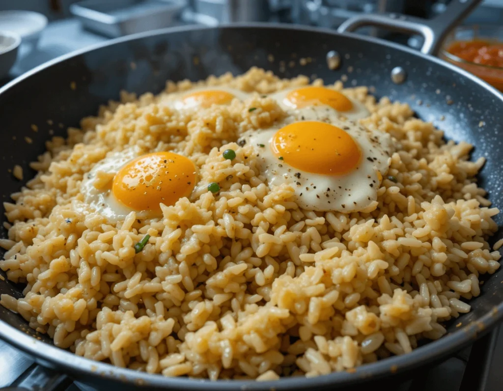 Egg Fried Rice: The Ultimate Guide to Perfecting This Delicious Dish 10 Overcooked egg fried rice with sticky rice and dry eggs in a frying pan, showing common cooking mistakes.