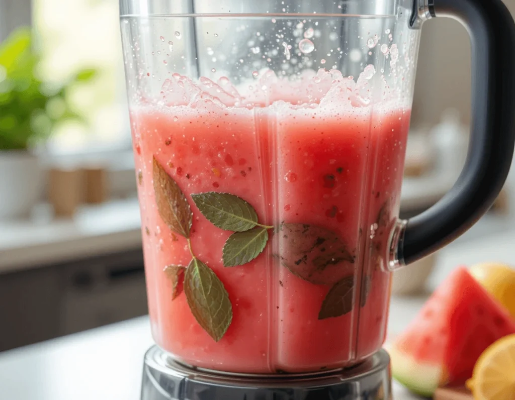 Watermelon Mint Lemonade - The Ultimate Summer Refreshment Recipe 9 Blender blending watermelon, mint leaves, and lemon juice into a smooth, vibrant pink liquid for watermelon mint lemonade.